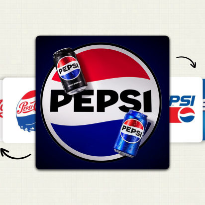 current pepsi logo on an infographic of historical versions