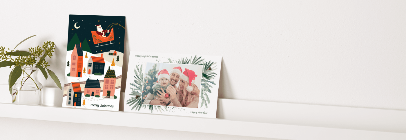 personalized christmas cards for the family lined up on display