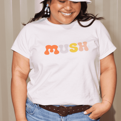 Gen Z woman wearing a branded t shirt and smiling