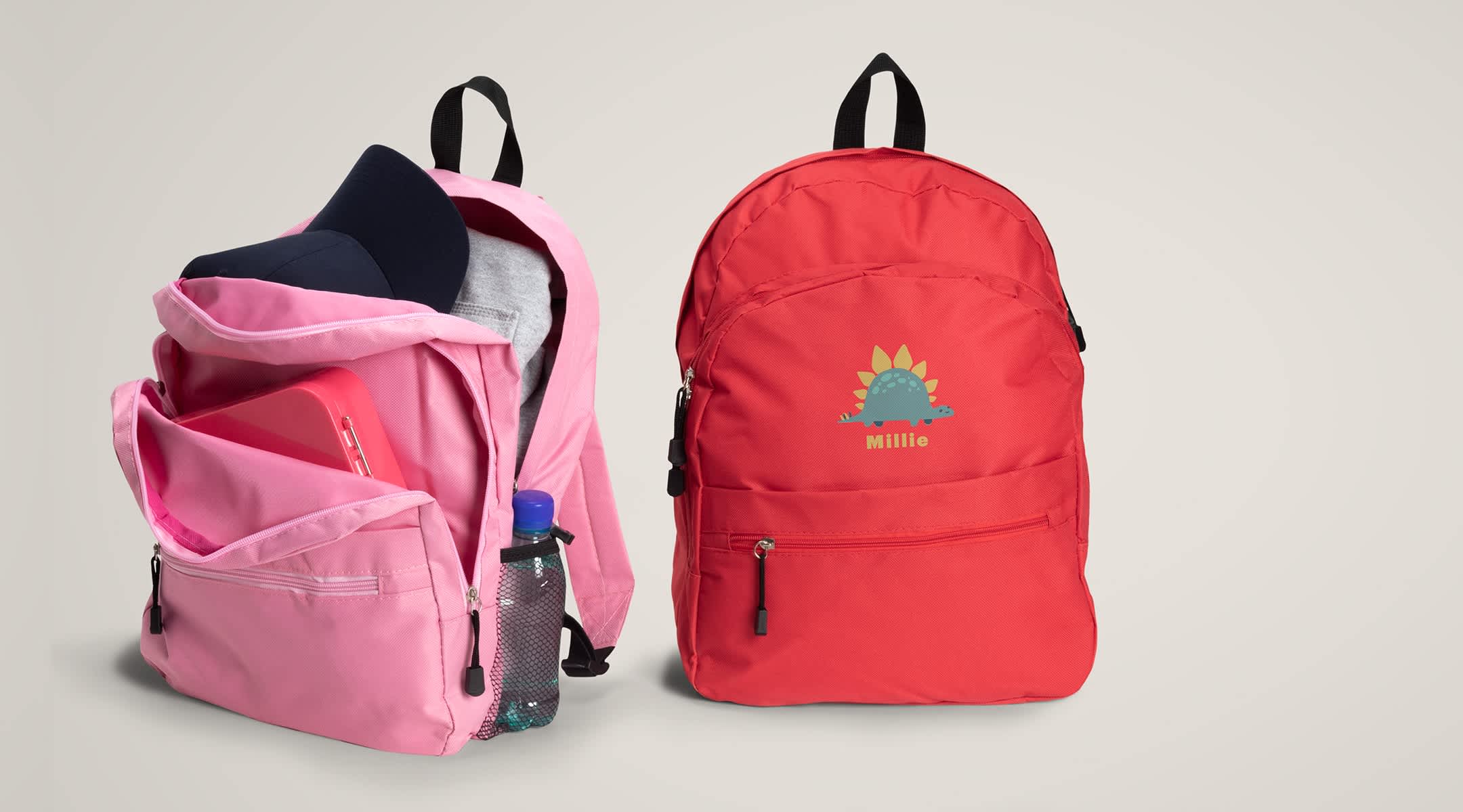 Custom pink and red backpacks