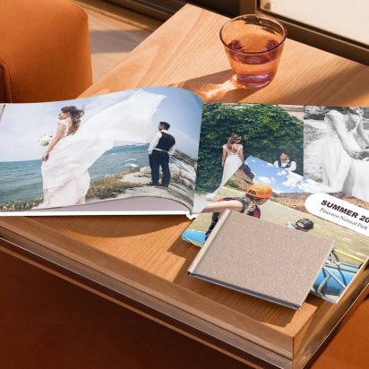 Collection of photo albums featuring wedding pictures and summer holiday pictures