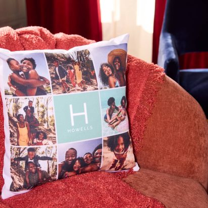 custom photo pillow on armchair