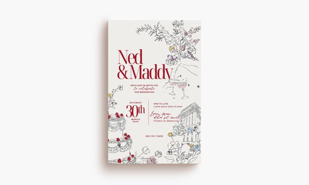 Custom wedding invitation design with hand-drawn illustrations