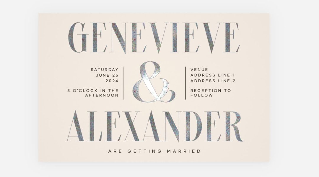 Wedding invitation with glitter foil elements and rounded corners