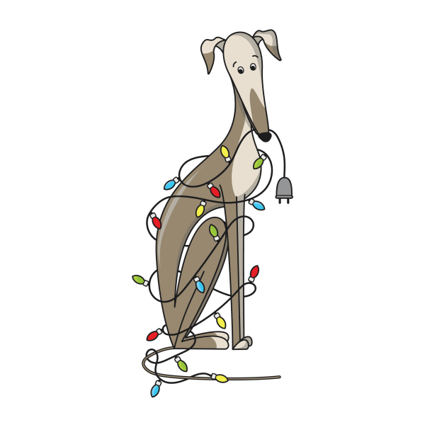 Holiday card illustration of a pet dog wrapped in Christmas lights