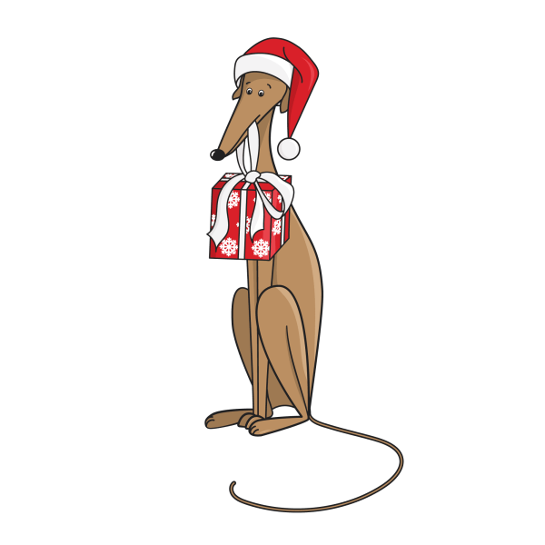 Holiday card illustration of a pet dog carrying a Christmas gift