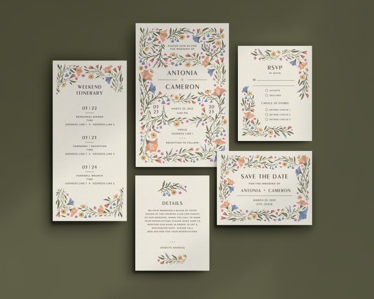 Floral wedding invitation suite with a matching RSVP card