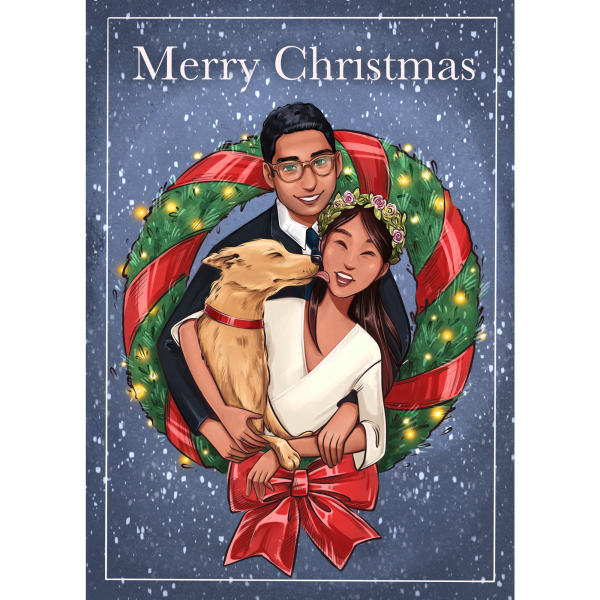 Illustrated holiday card featuring a pet