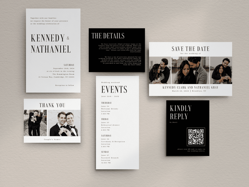 Modern wedding invitation suite with a QR code wedding RSVP card