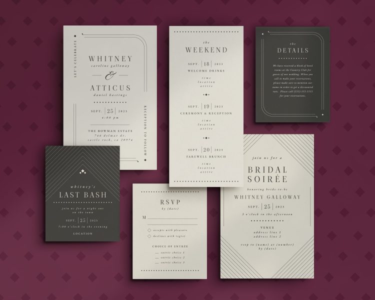 Vintage wedding invitation suite with an RSVP card