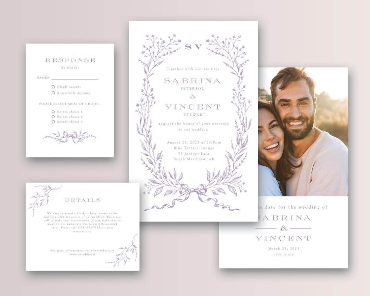 Vintage wedding invitation suite with an RSVP card
