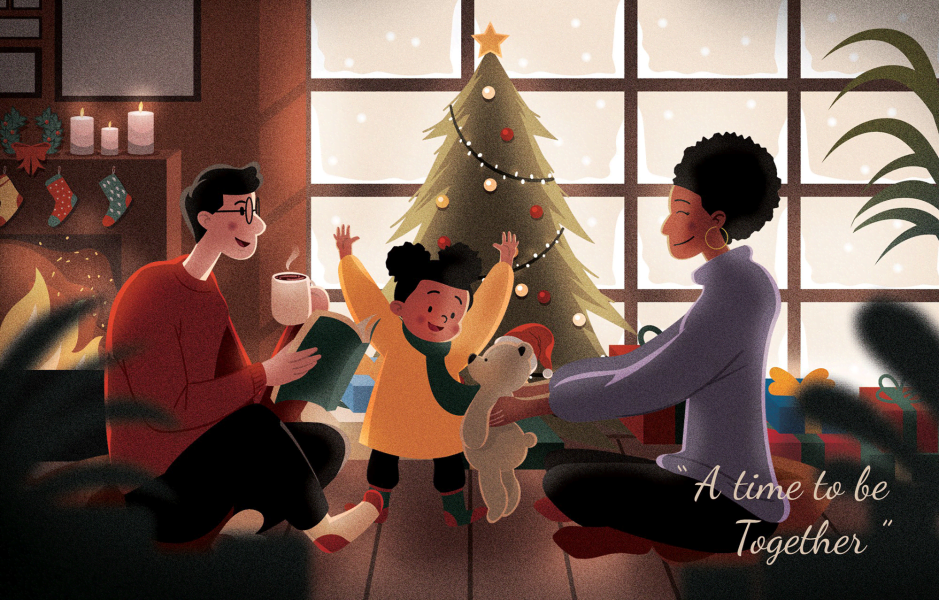 Holiday card illustration of a family around the Christmas tree