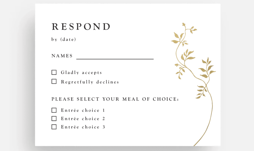 Dainty floral wedding RSVP card design with bronze leaves