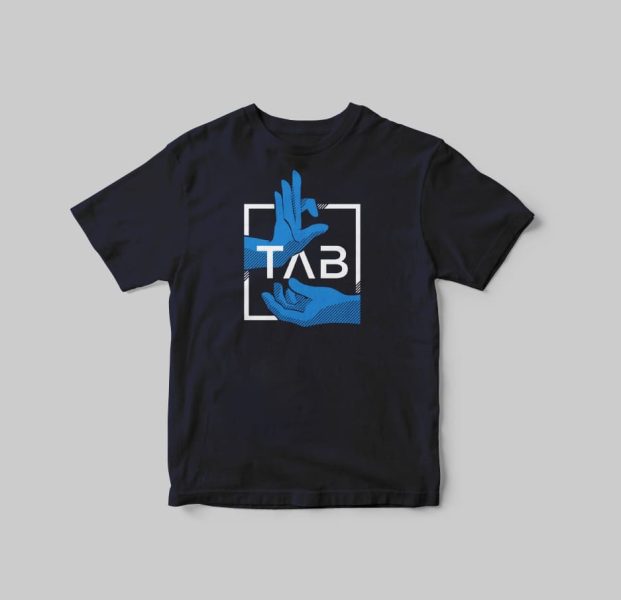 a navy T-shirt with a blue and white design