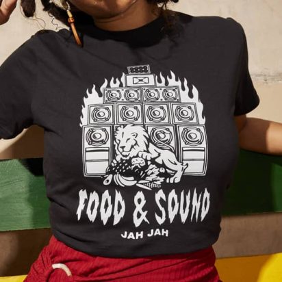 "Food & Sound" slogan T-shirt in black and white