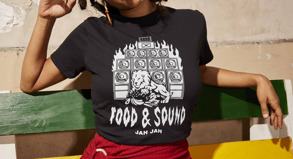 "Food & Sound" slogan T-shirt in black and white