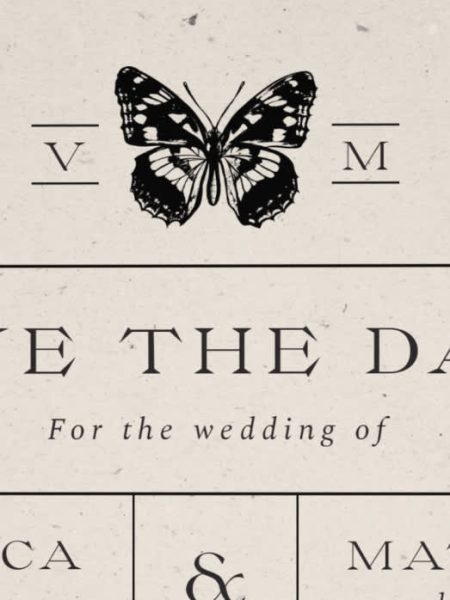 Wedding logo with a butterfly on a save the date card