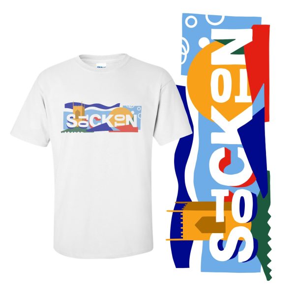white T-shirt with a colorful graphic illustration