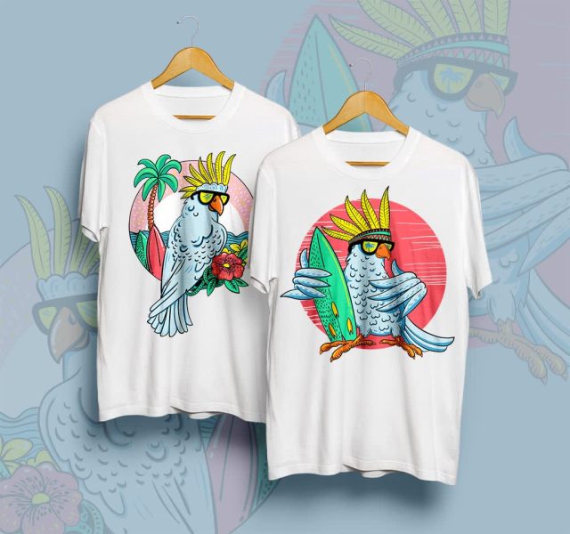 white T-shirt design with a colorful parrot graphic