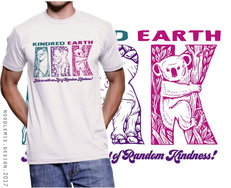 white T-shirt design with a green, purple and pink graphic