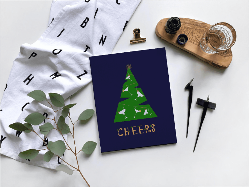 Illustrated holiday card featuring a Christmas tree