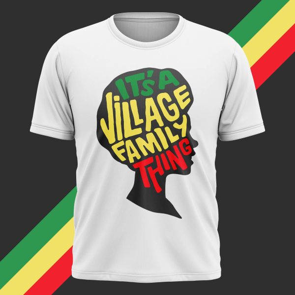 red, green and gold text on a black illustration of a woman T-shirt