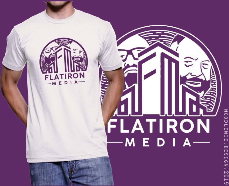 media company white T-shirt with a purple design