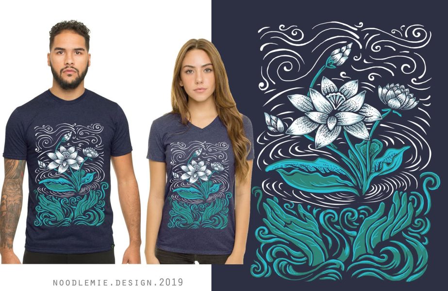 navy v-neck T-shirt with a swirling white and teal print