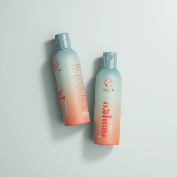 Tanning oil bottle with a peach and sky blue Sunset Gradient packaging design trend 2025