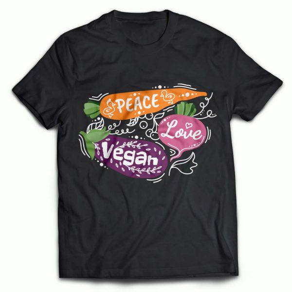 black T-shirt with a vibrant graphic for a vegan brand