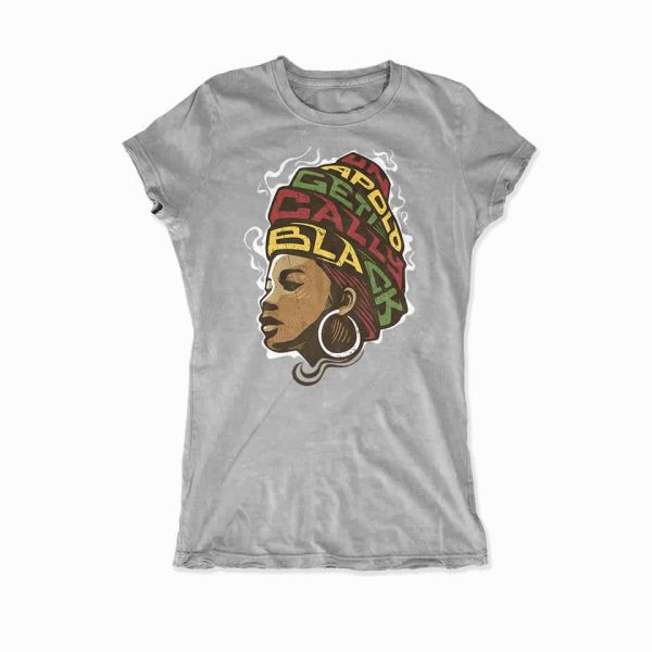 red, green and gold illustration of a woman on a gray T-shirt