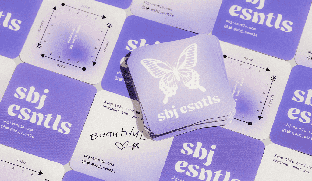 Square business cards in a checkerboard layout with AI-designed butterfly-inspired logos, geometric patterns, and handwritten-style elements.