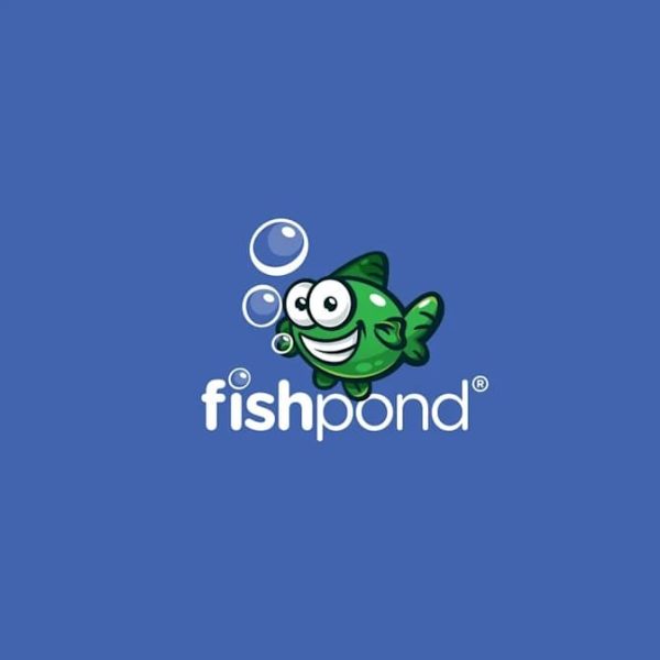A fish mascot logo with a big smile and bubbles