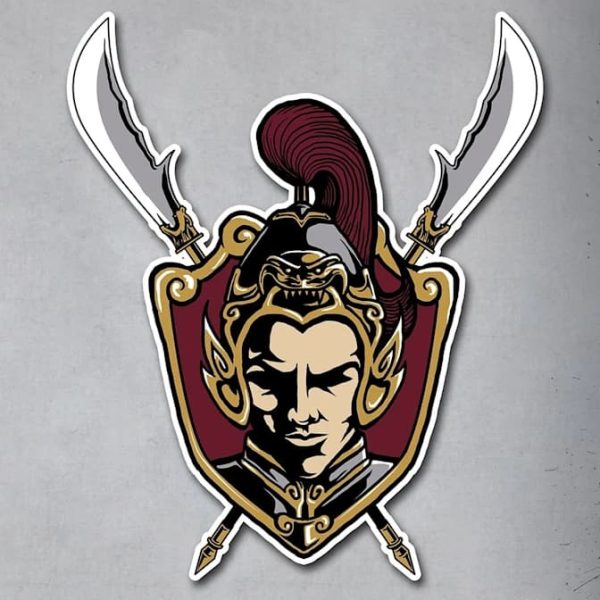 Warrior in a shield with crossed weapons mascot