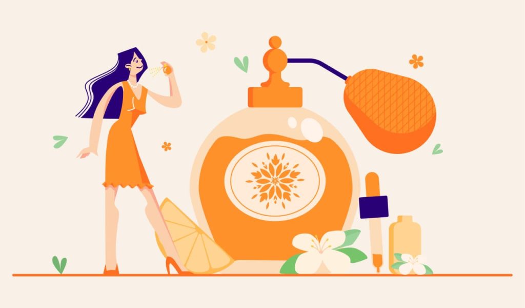 Illustration of a woman posing next to a giant perfume bottle with whimsical floral elements in orange and purple tones.