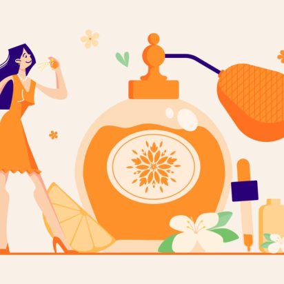 Illustration of a woman posing next to a giant perfume bottle with whimsical floral elements in orange and purple tones.