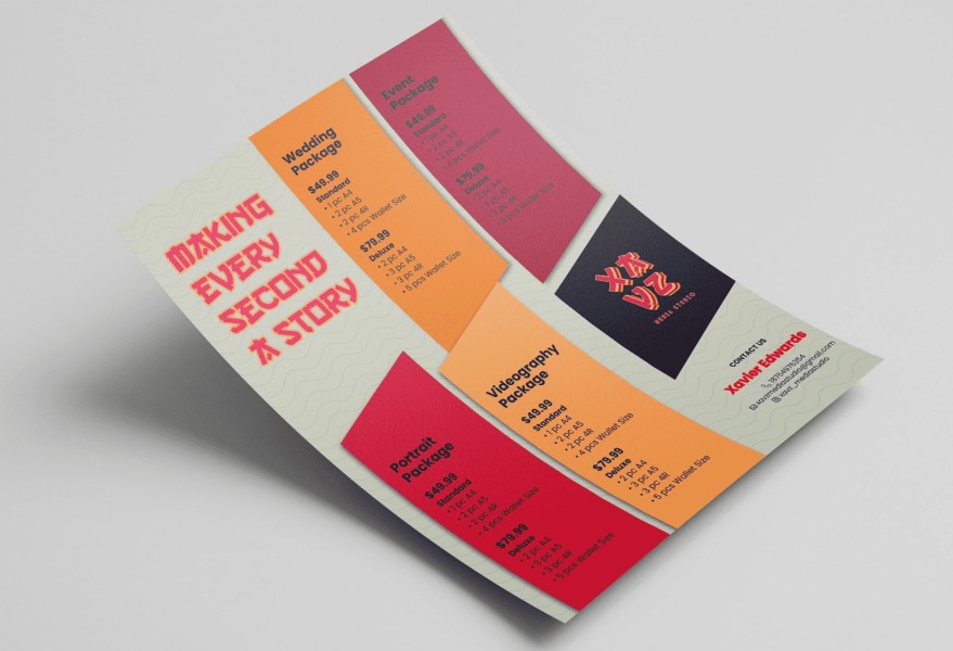 Flyer design idea for a media studio listing their different packages