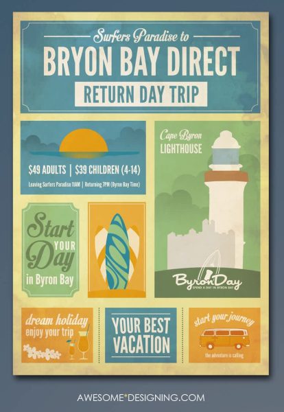 Retro flyer design for Byron Bay day trip