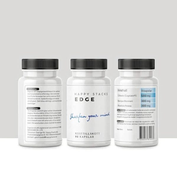All-white supplement brand product label with black and blue text