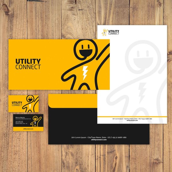 Electrician logo with a plug that looks like a face and a person with a lightening bolt