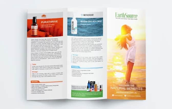 Colorful brochure showing different supplement products and their benefits