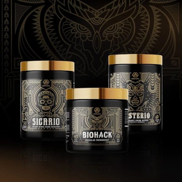Black and gold supplement brand packaging with complex geometric line imagery