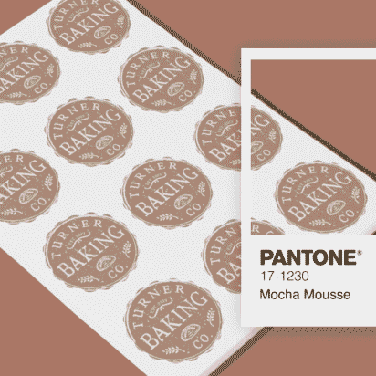Pantone color of the year 'Mocha Mousse' background with branded stickers featuring stylized logos and text.