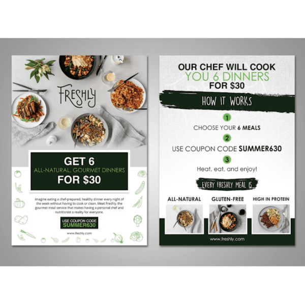 Promo flyer design idea for gourmet meal subscription company Freshly