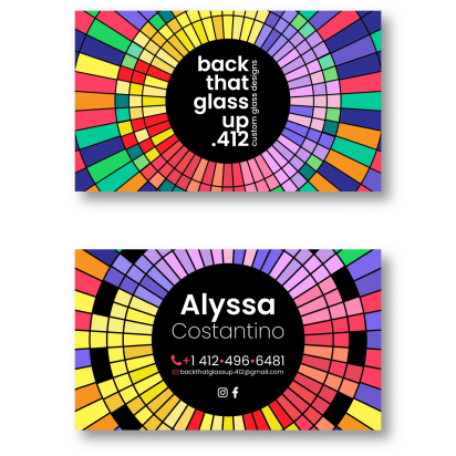 Front and back of a colorful business card featuring Instagram and other contact details.