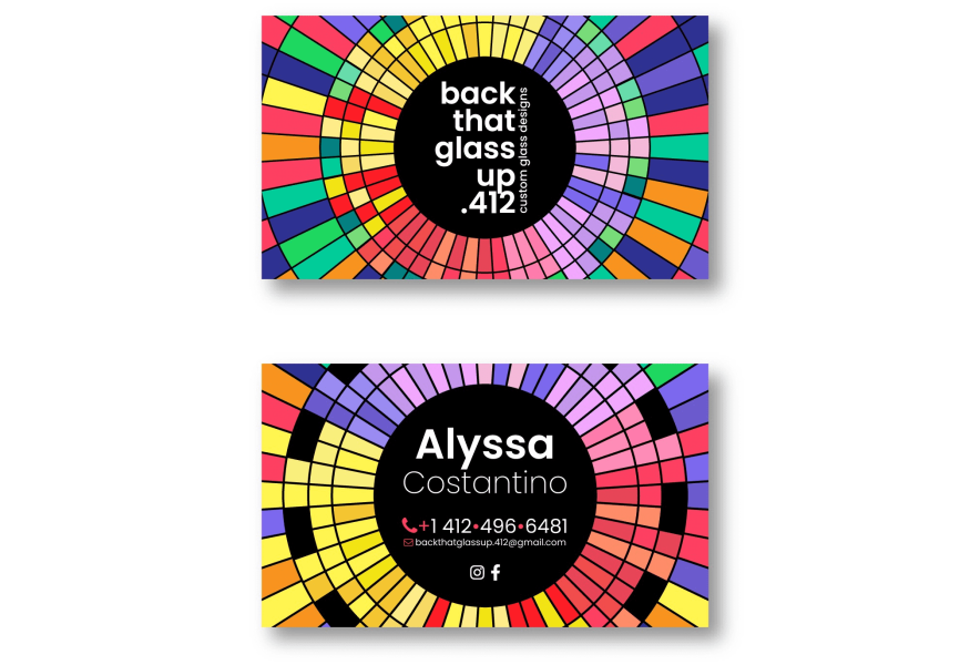 Front and back of a colorful business card featuring Instagram and other contact details.
