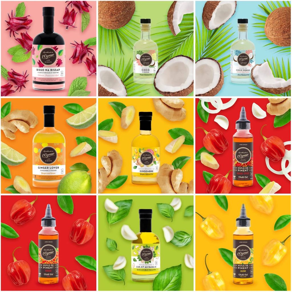 Instagram images showing different bottled products against bright backgrounds