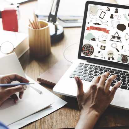 Marketing planning on a laptop.