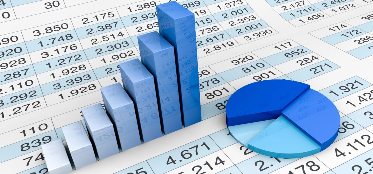blue pie chart and bar graph on top of data sheet
