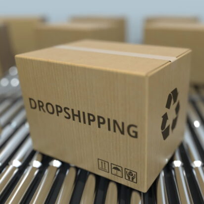 Boxes labeled dropshipping moving on a conveyor belt – what is dropshipping concept.